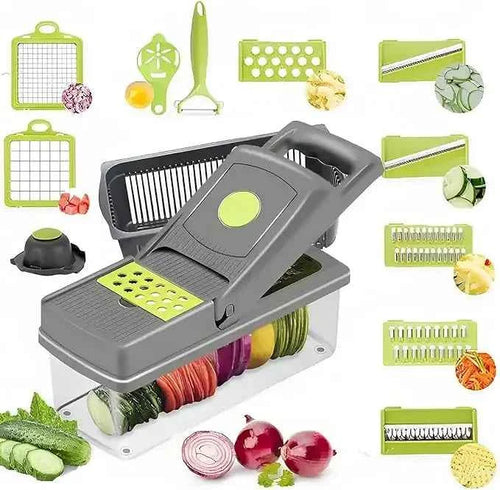 قطاعة خضروات متعددة الوظائف 14 في 1، قطاعة مندولين، مبشرة، مع علبة تخزين