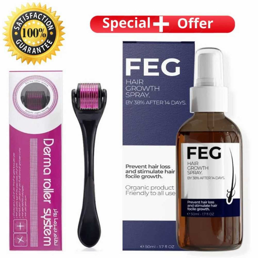 FEG Hair Growth Spray + Derma Roller Pack of 2 – For Men & Women