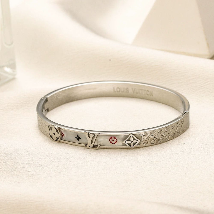 Silver Monogram Floral Engraved Bangle Bracelet