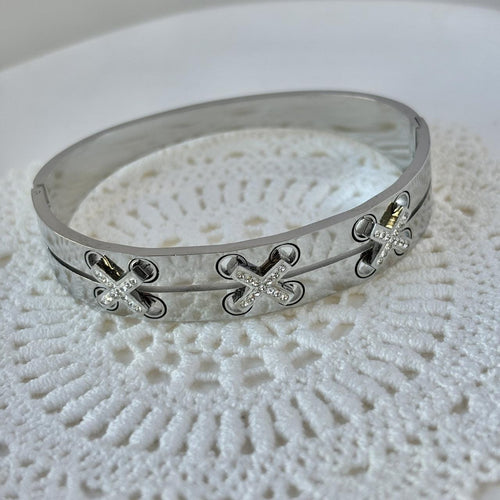 Silver Crystal Cross Stitch Hammered Bangle Bracelet alternate view