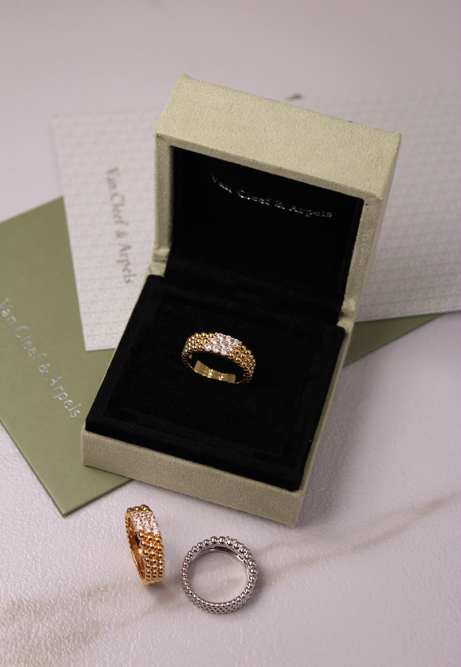 Van Cleef & Arpels Perlée Inspired 3-Row Diamond Ring | Gold, Rose Gold & Silver | Crystal Pavé Band