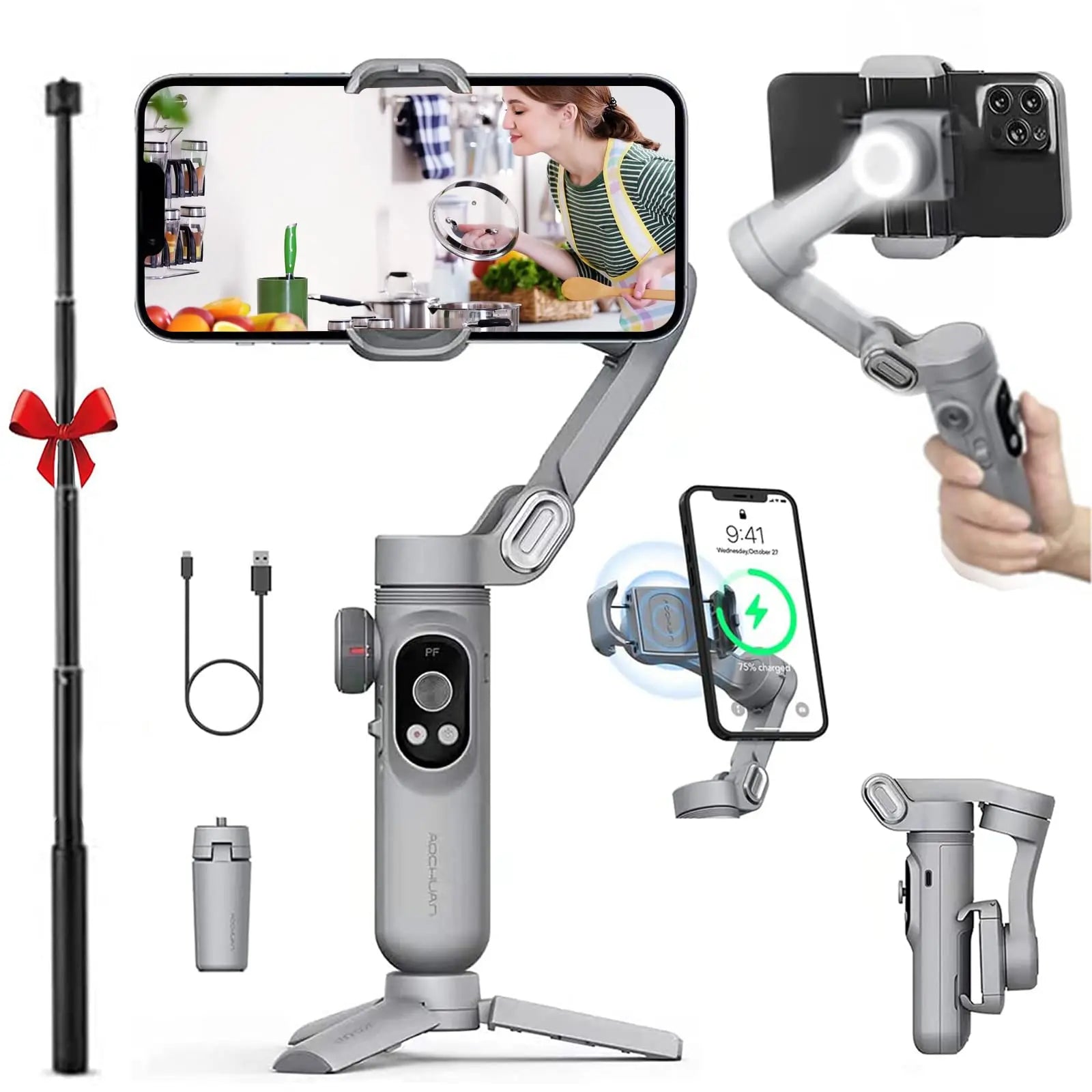 A silver and gray handheld gimbal phone stabilizer shown in multiple views on a white background, including a main centered view, a side view with a hand holding the handle, a selfie mode view with a phone mounted, a vertical selfie stick, a cable, and a small accessory. A phone screen is visible in the mount and another phone is shown charging.
