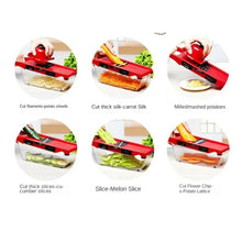 Compact mandoline vegetable cutter showing drainage basket design