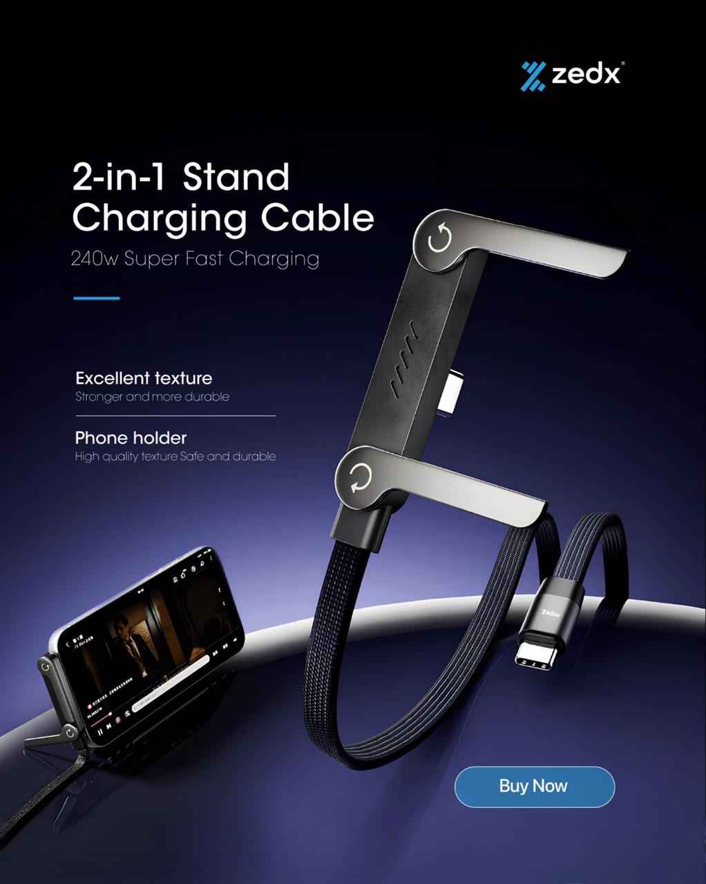 240W USB-C Charging Cable with Foldable Phone Stand
