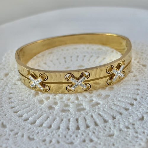 Silver Crystal Cross Stitch Hammered Bangle Bracelet