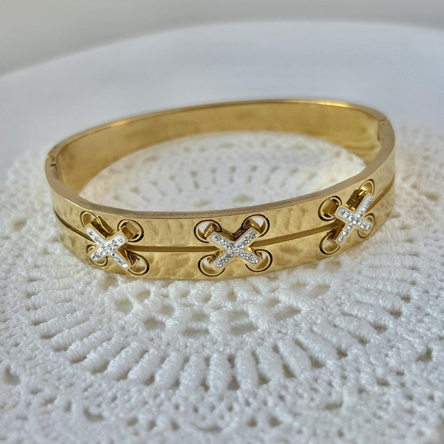 Silver Crystal Cross Stitch Hammered Bangle Bracelet