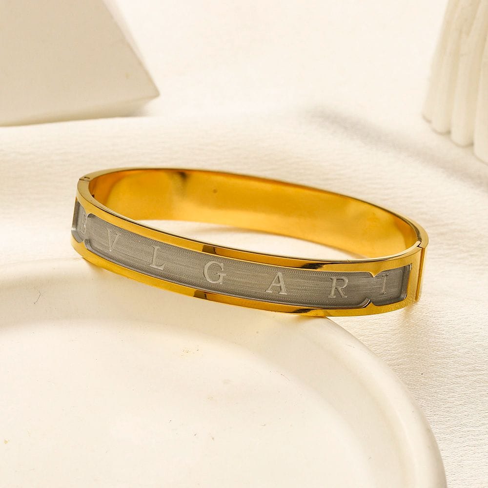 Two-Tone Gold & Silver Engraved Letter Bangle Bracelet