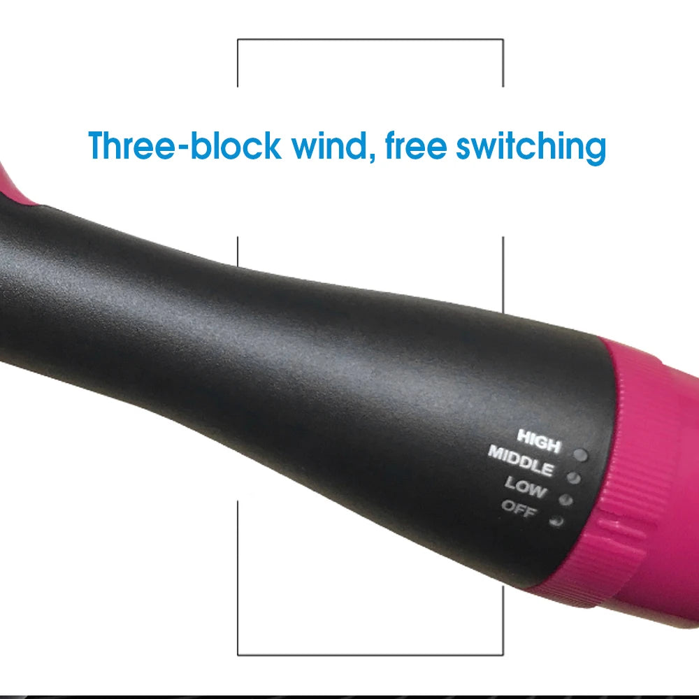 Black and pink hair dryer with control settings on a white background