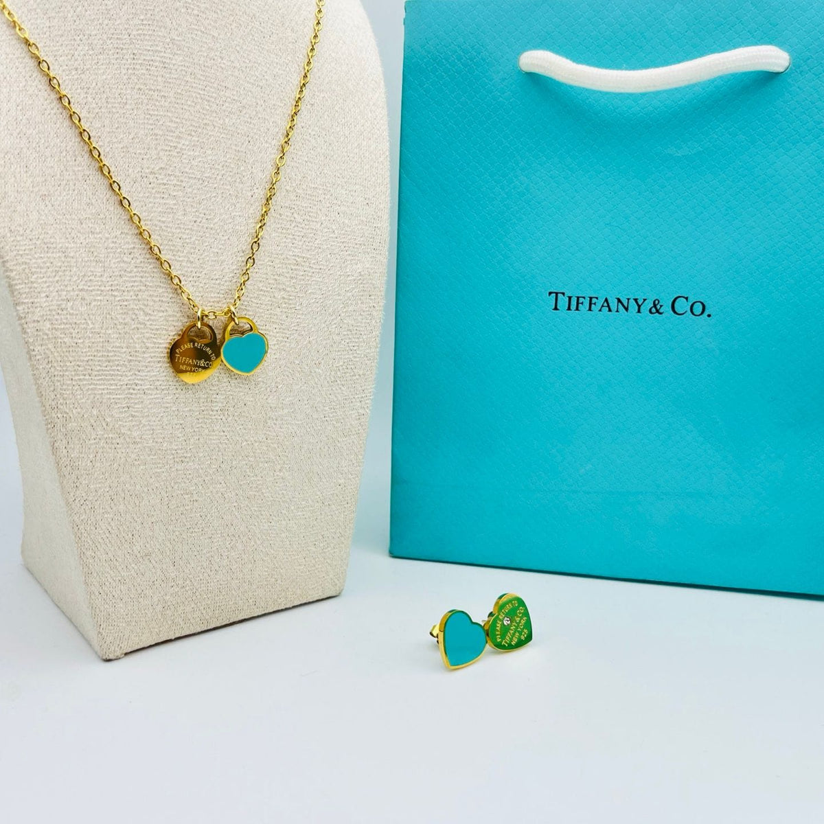 Double Heart Enamel Jewellery Set – Necklace & Earrings | طقم مجوهرات القلب المزدوج بالمينا