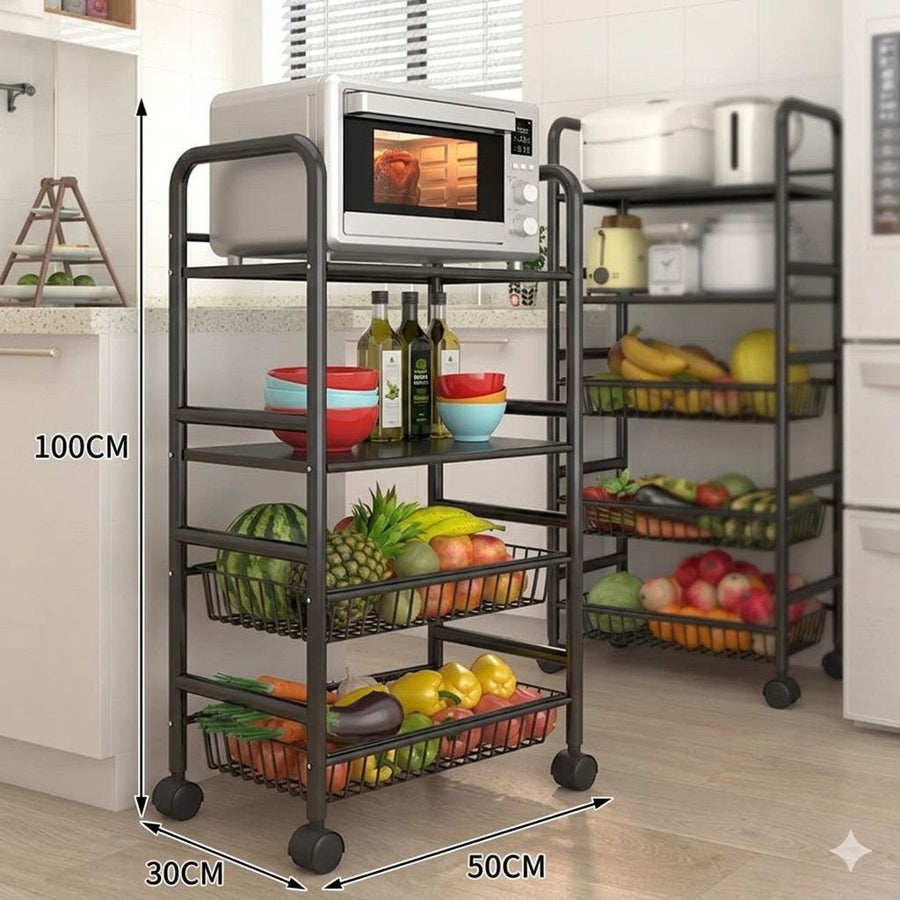 4-Tier Rolling Kitchen Trolley with Wire Baskets & Shelves