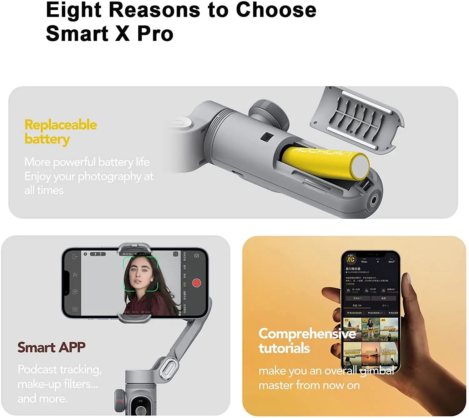 Smart phone in gimbal mount showing companion app interface