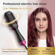 A promotional graphic for a professional electric hair dryer shown alongside a before-and-after demonstration on a woman's hair. The left side shows the black and pink hair dryer with a gold airflow graphic, and the right side shows a woman with long, reddish-brown hair styled with defined curls and then smoothed.