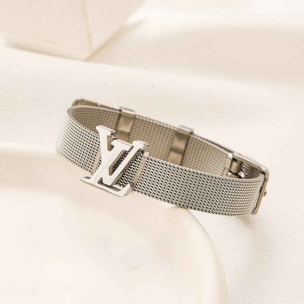Silver Mesh Strap Bangle Bracelet with Designer Buckle