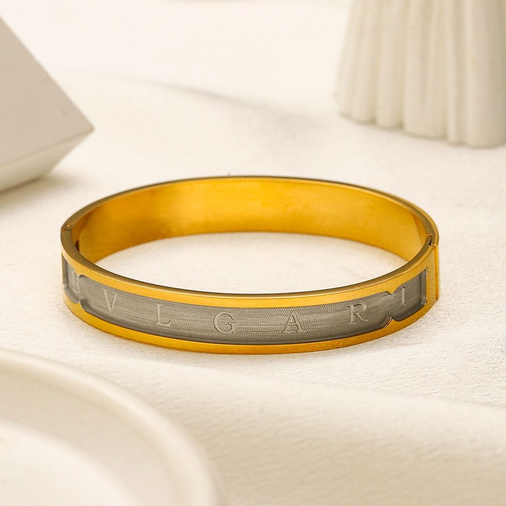 Two-Tone Gold & Silver Engraved Letter Bangle Bracelet