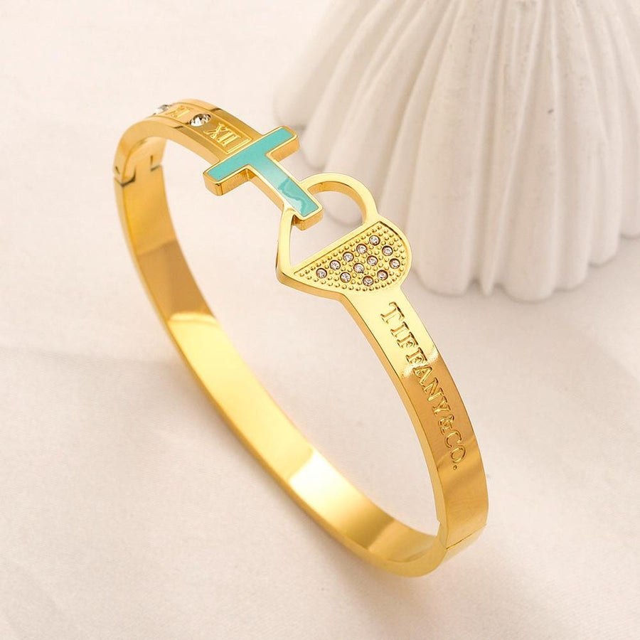 Gold T-Bar Heart Lock Charm Bangle Bracelet