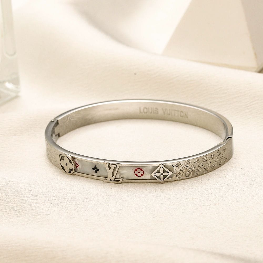 Silver Monogram Floral Engraved Bangle Bracelet