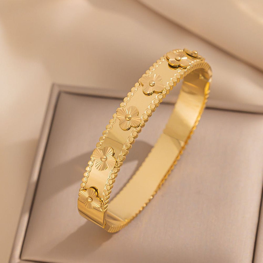 Gold Four-Leaf Clover Textured Wide Bangle Bracelet