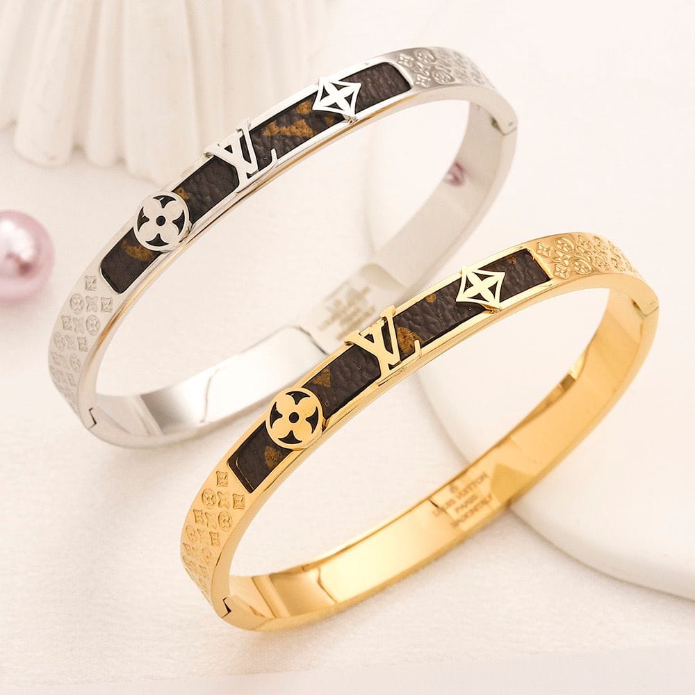 Monogram Brown Leather-Texture Inlay Bangle Bracelet - Gold and Silver