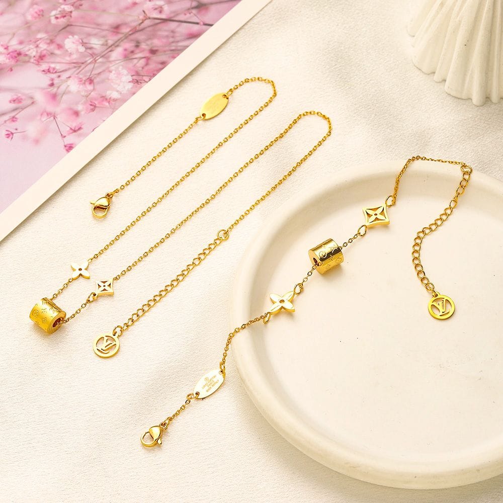 Louis Vuitton Inspired Monogram Charm Bracelet Set | Gold-Tone LV Flower & Logo Chain Bracelets