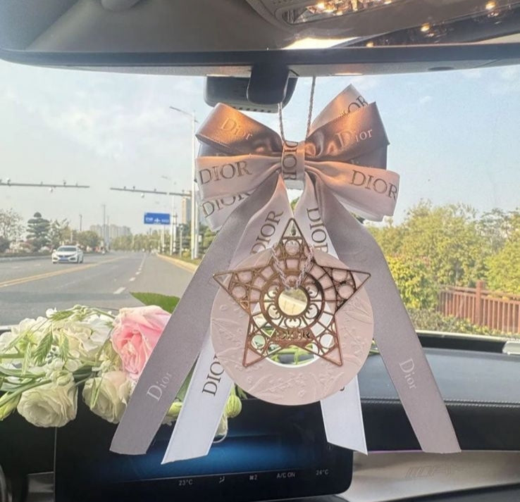 Dior Inspired Car Fragrance Stone Hanger | Satin Ribbon Bow & Gold Star | Car Air Freshener