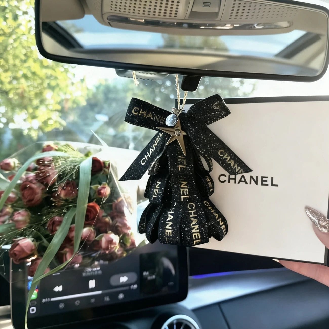 Chanel Inspired Luxury Car Hanger | Pink Tweed Ribbon & Gold Star Charm