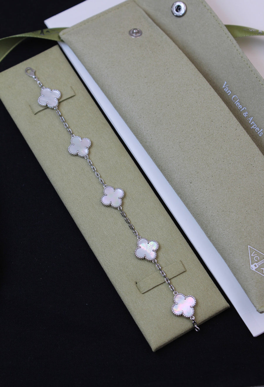 VanCleef & Arpels Vintage Alhambra Bracelet – 5 Motifs | 18K Gold Plated | Mother of Pearl