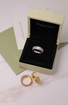 Van Cleef & Arpels Perlée Inspired 3-Row Diamond Ring | Gold, Rose Gold & Silver | Crystal Pavé Band