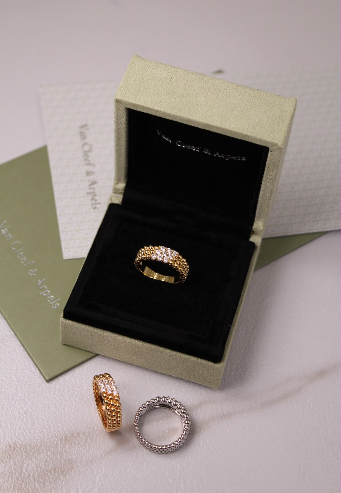 Van Cleef & Arpels Perlée Inspired 3-Row Diamond Ring | Gold, Rose Gold & Silver | Crystal Pavé Band