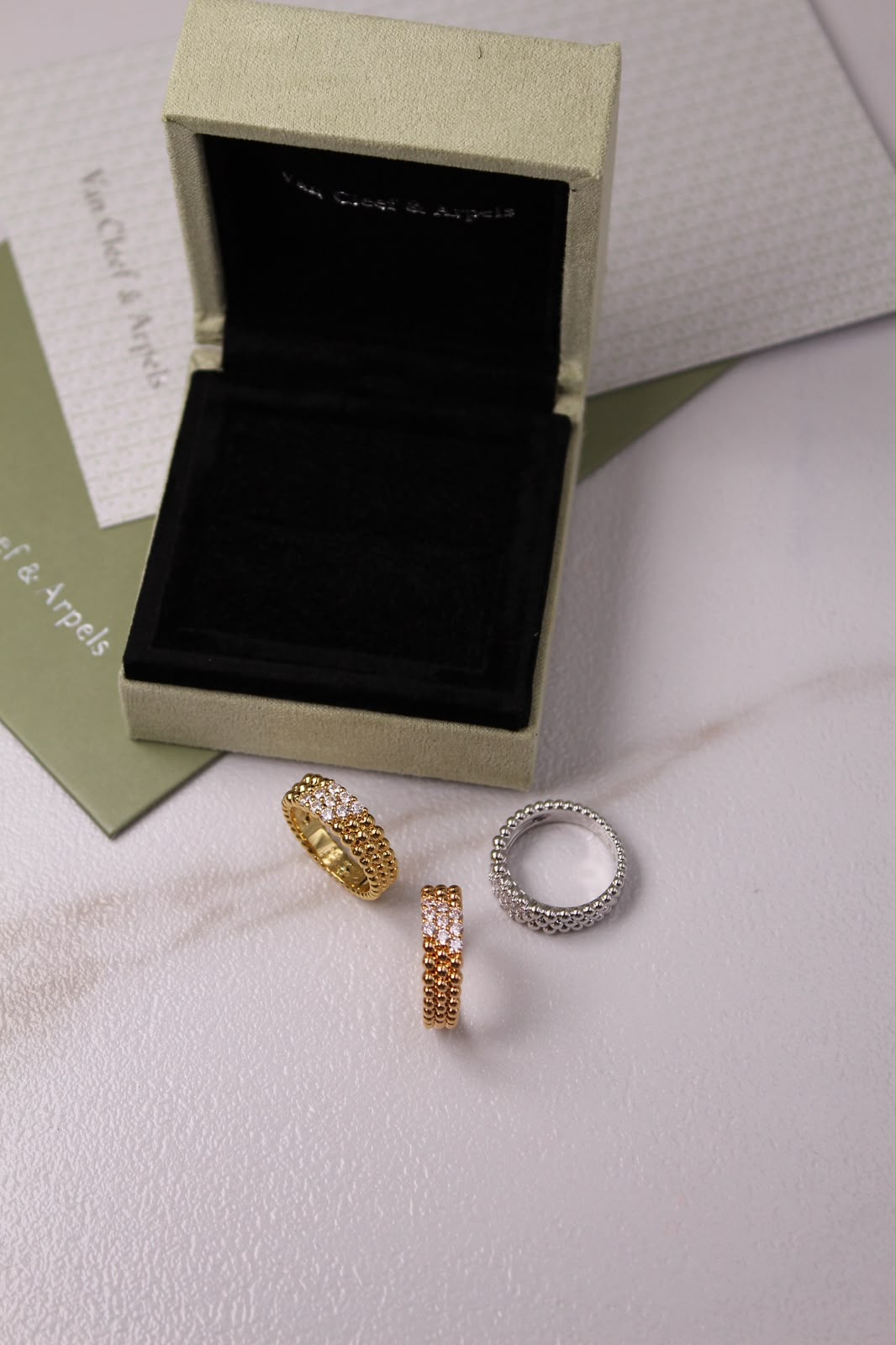 Van Cleef & Arpels Perlée Inspired 3-Row Diamond Ring | Gold, Rose Gold & Silver | Crystal Pavé Band