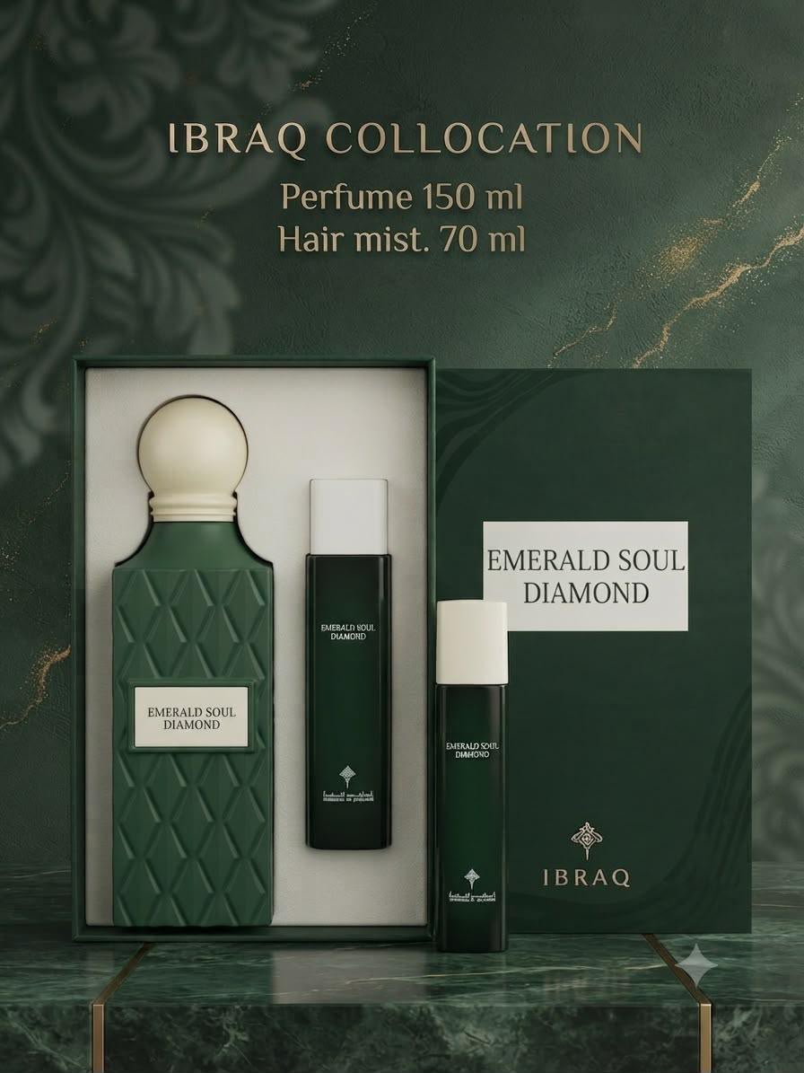 A perfume gift set from Ibraq Collocation featuring Emerald Soul Diamond. The set includes a 150 ml perfume bottle, a 70 ml hair mist bottle, and their corresponding boxes, all in a dark green and black color scheme with white text and labels.