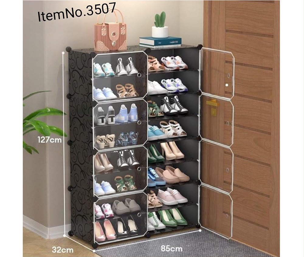 Modular Shoe Rack Cabinet 7-Tier with Clear Doors | 14-Cube Shoe Organizer | خزانة أحذية معيارية 7 طبقات بأبواب شفافة | منظم أحذية 14 مكعبًا