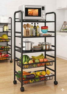 4-Tier Rolling Kitchen Trolley with Wire Baskets & Shelves