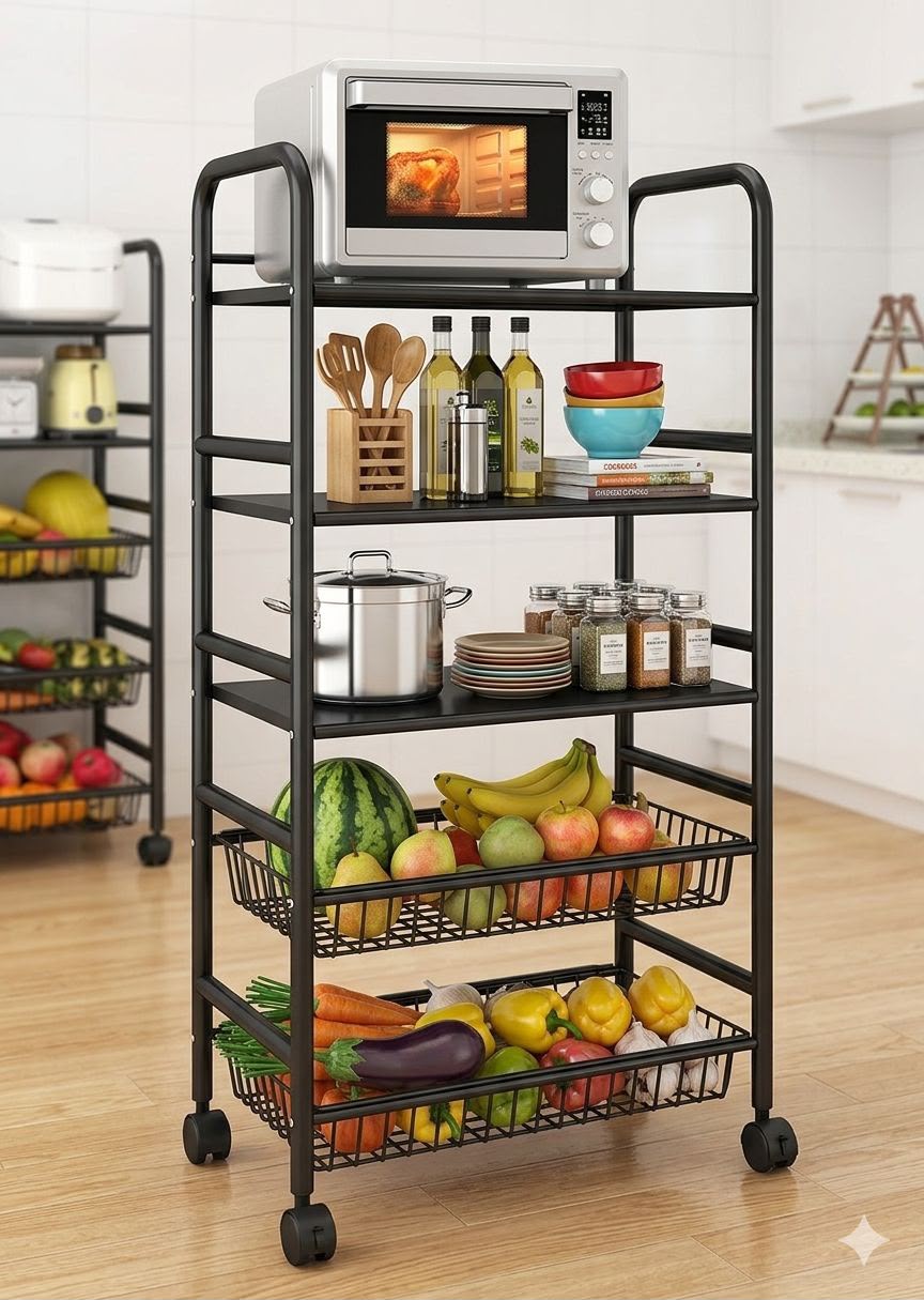 4-Tier Rolling Kitchen Trolley with Wire Baskets & Shelves