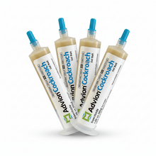 Four tubes of Advion Cockroach Gel bait arranged in a fan shape on a clean white background. The tubes are white with blue caps and feature the black and green Advion brand name.