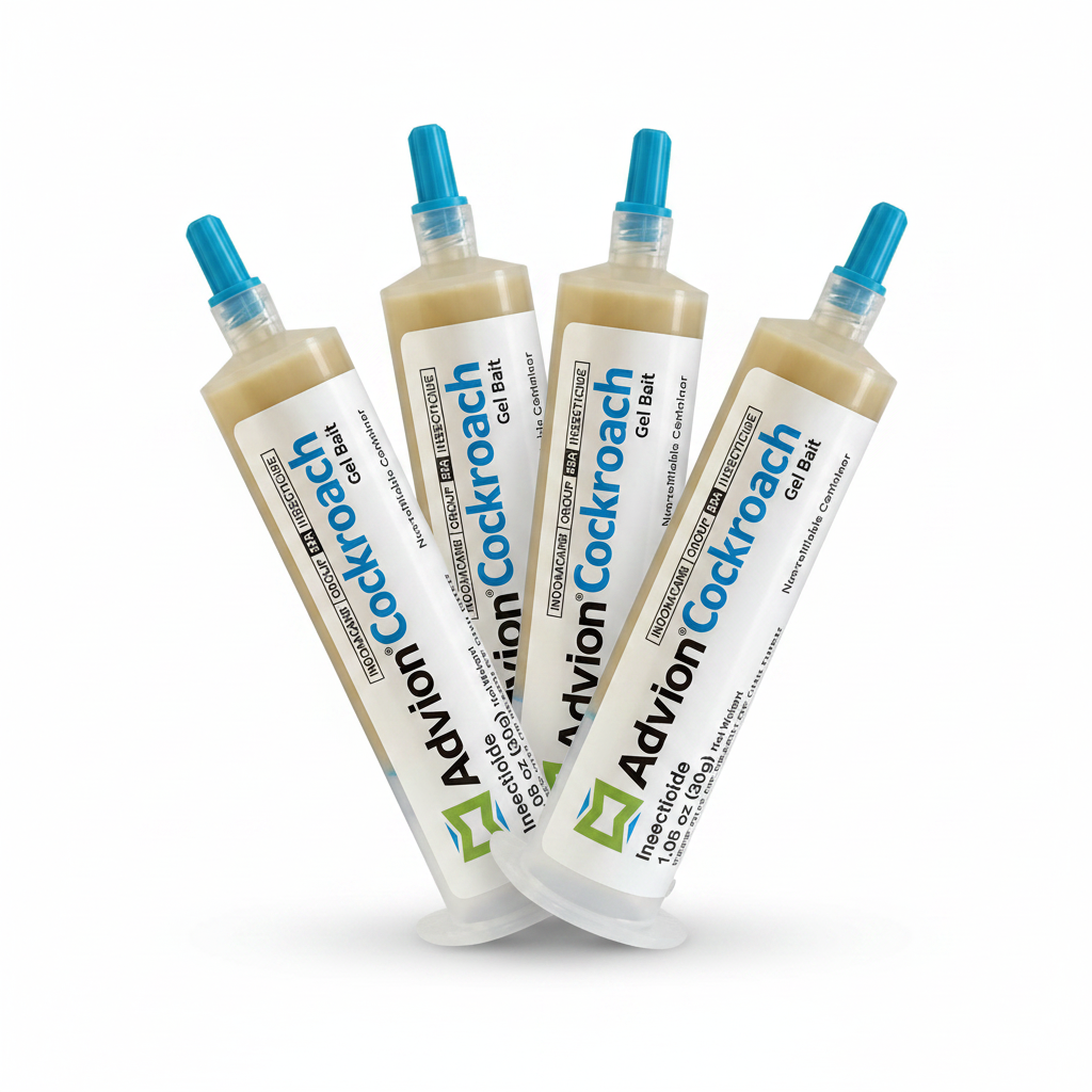 Four tubes of Advion Cockroach Gel bait arranged in a fan shape on a clean white background. The tubes are white with blue caps and feature the black and green Advion brand name.