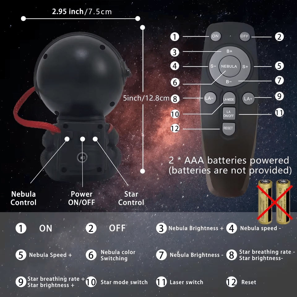 Astronaut Nebula Projector – full product view with USB cable and remote